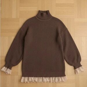 Chic Brown Turtleneck Sweater with Lace Accents